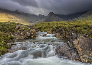 mountain and river painting, skye HD wallpaper