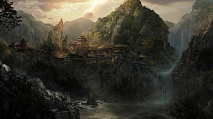 mountain illustration, city, waterfall, Japan