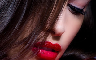 close up view of woman with red lips HD wallpaper