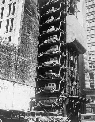grayscale of vintage cars, photography, monochrome, vintage, elevator