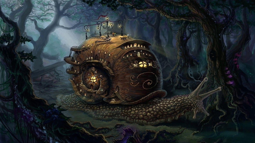 brown snail illustration, fantasy art, digital art, forest, trees HD wallpaper