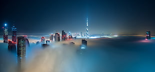 high rise buildings, city, building, cityscape, mist