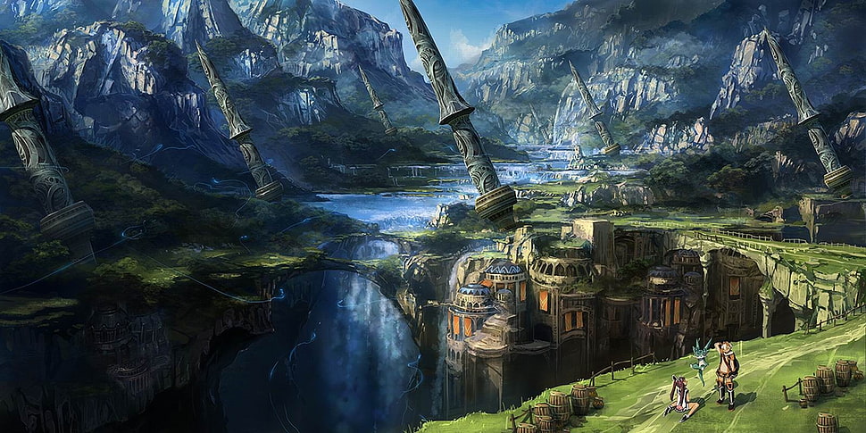 videogame application screenshot, anime, waterfall HD wallpaper