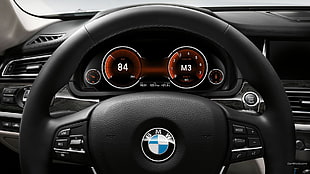 black BMW car steering wheel, BMW 7, steering wheel, car, vehicle HD wallpaper