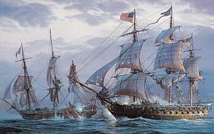 two brown-and-white galleon ships