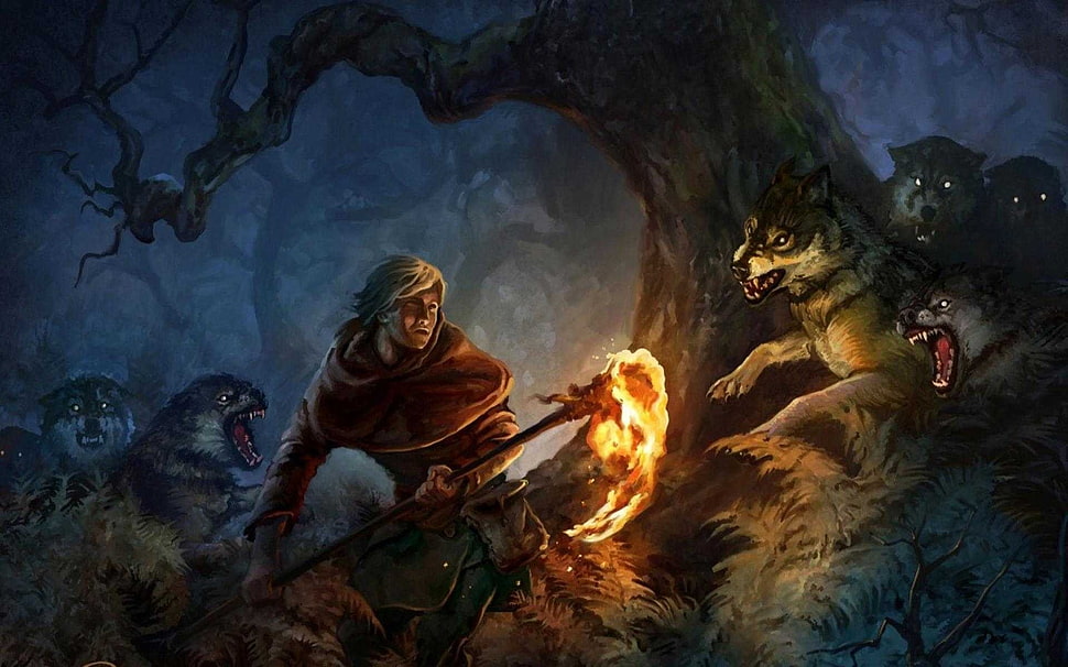 man holding fire while throwing on wolves wallpaper, fantasy art, wolf, trees HD wallpaper