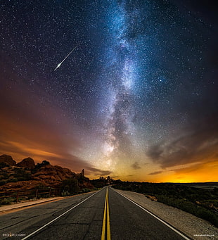 white and black abstract painting, landscape, long exposure, stars, road