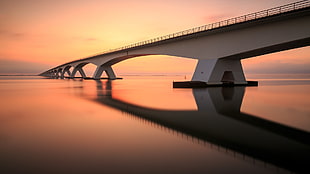 white bridge during sunset, bridge, sunset, evening, reflection HD wallpaper
