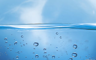 blue water, liquid, blue background, water, bubbles HD wallpaper
