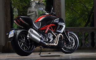 black and red sports bike, motorcycle, Ducati, Diavel