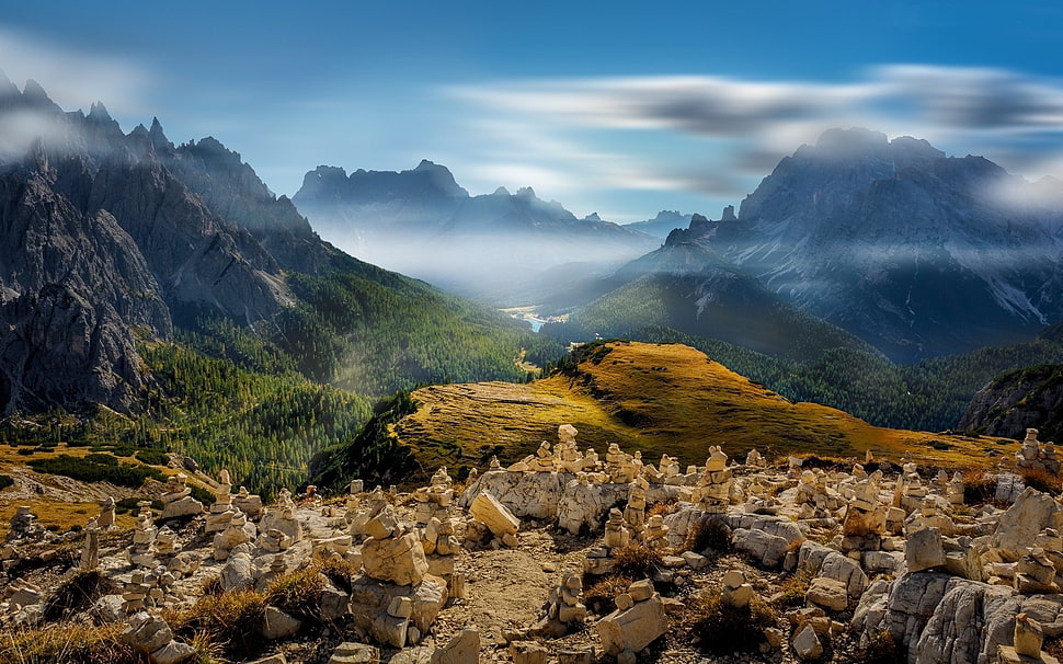 grey rocks, landscape, nature, valley, mist HD wallpaper
