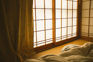 brown wooden framed glass door, bed, room, interior, japanese interior