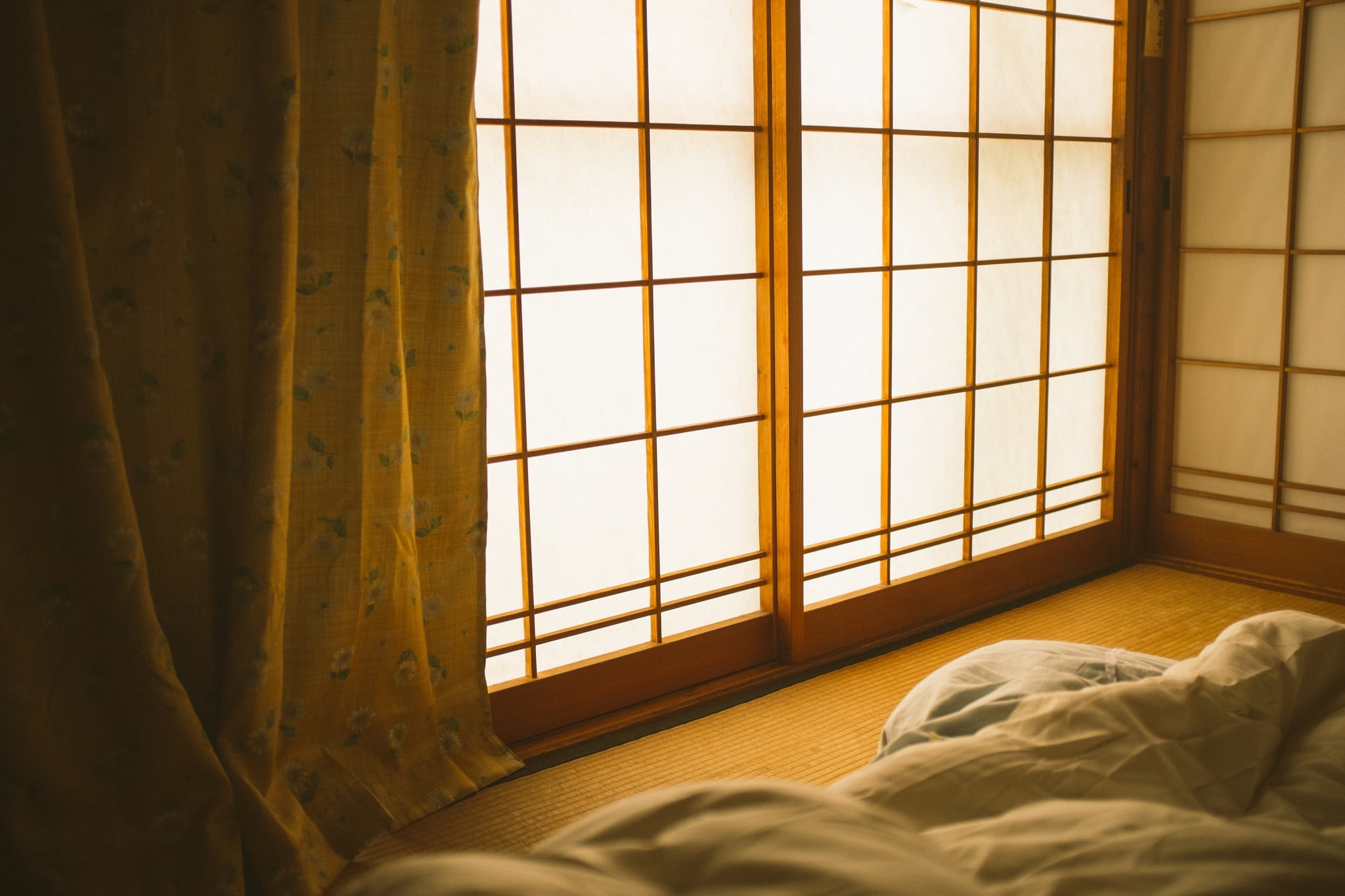 Brown Wooden Framed Glass Door Bed Room Interior