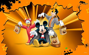 Donald Duck, Minnie Mouse, and Goofy poster, Halloween, Disney, orange, Donald Duck HD wallpaper