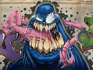 blue monster with long tongue graffiti artwork, graffiti, Venom, wall