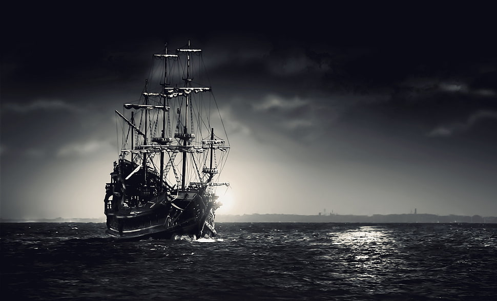 black and white galleon ship, ship, water HD wallpaper