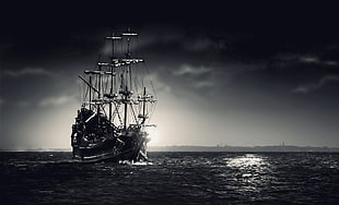 black and white galleon ship, ship, water