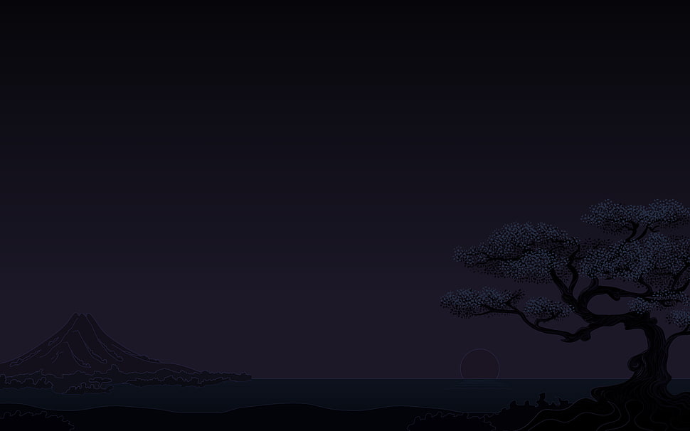 tree near volcano painting, dark, minimalism, cherry trees, sunset HD wallpaper