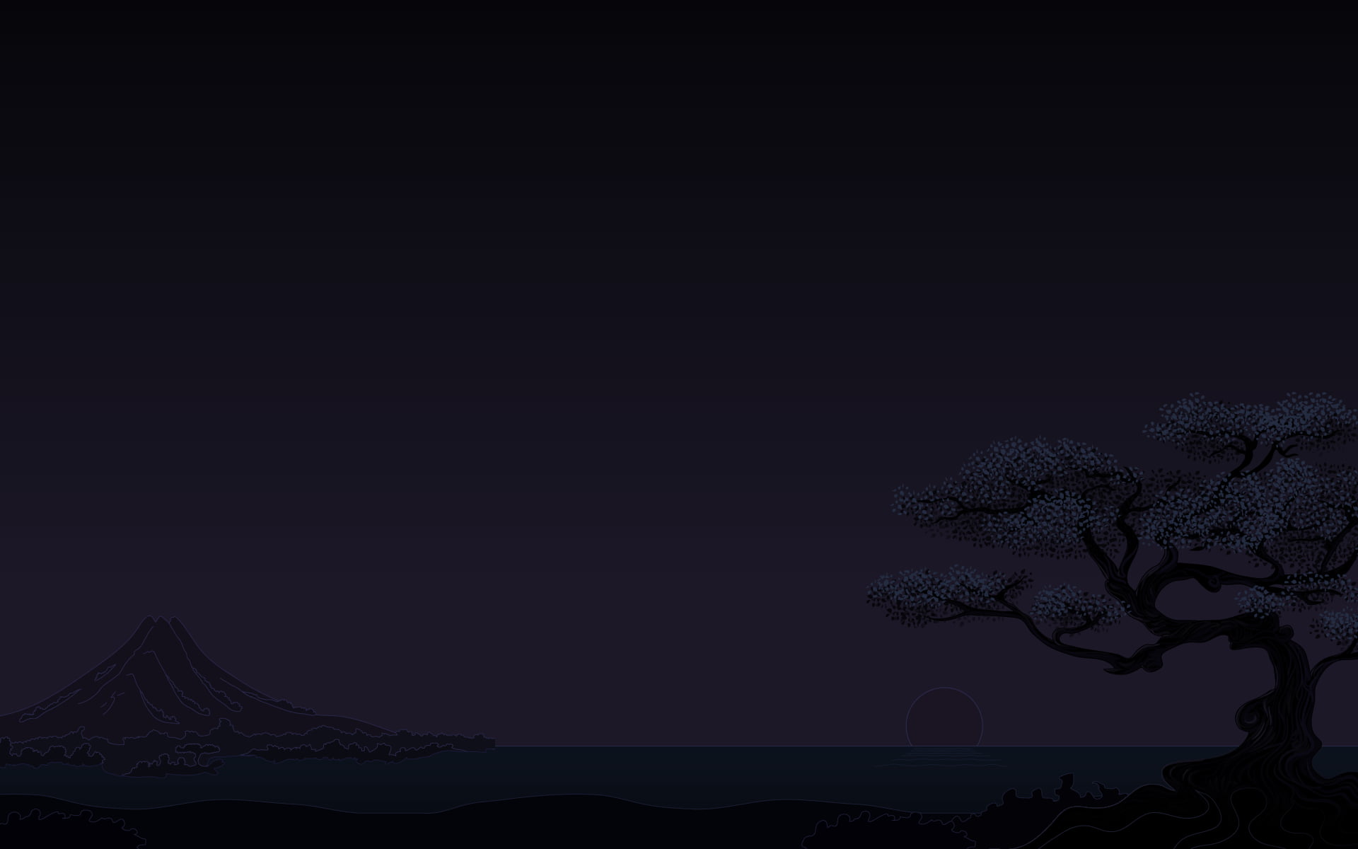 tree near volcano painting, dark, minimalism, cherry trees, sunset