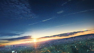 anime, sunset, sky, cityscape