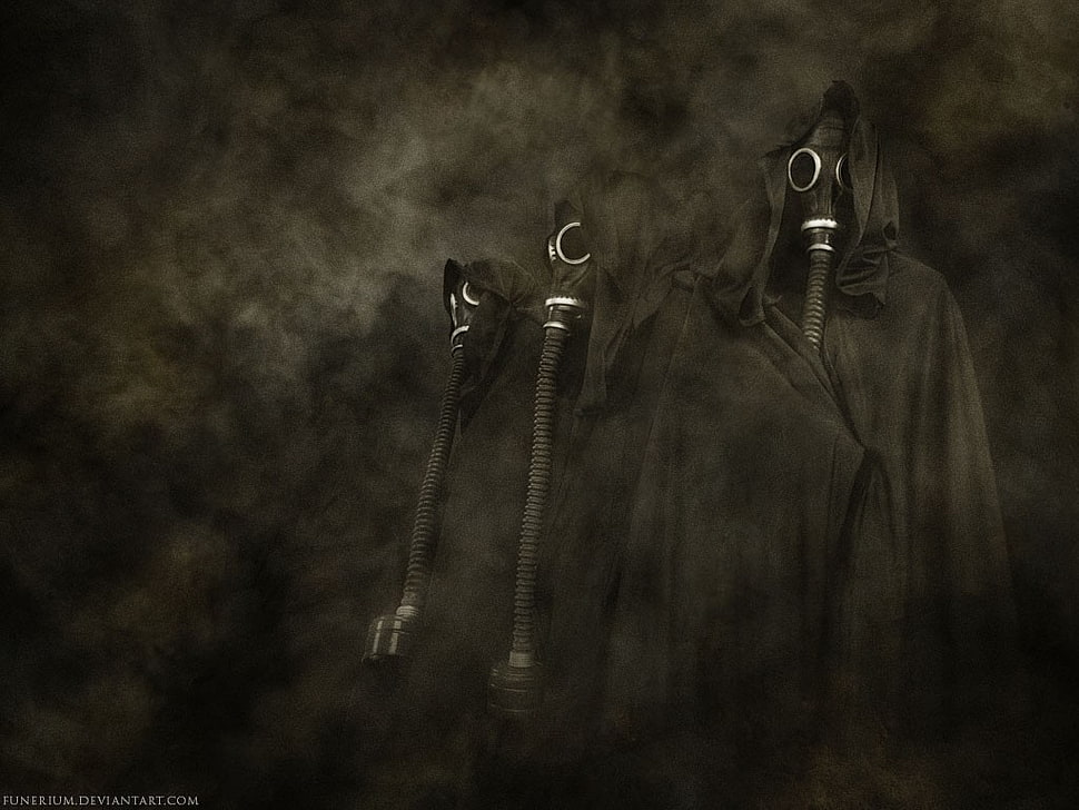 black leather zip-up jacket, gas masks, dark, artwork HD wallpaper