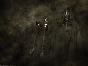 black leather zip-up jacket, gas masks, dark, artwork