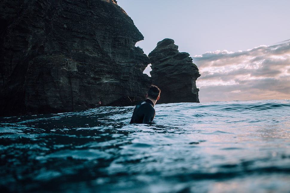 men's black wetsuit, surfing, surfers, sea, rocks HD wallpaper