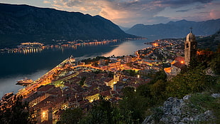 aerial photo of brown-and-white concrete city buildings, Montenegro, Kotor (town), mountains, building HD wallpaper