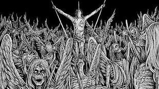 sketch of man impaled on stick surrounded by angels HD wallpaper