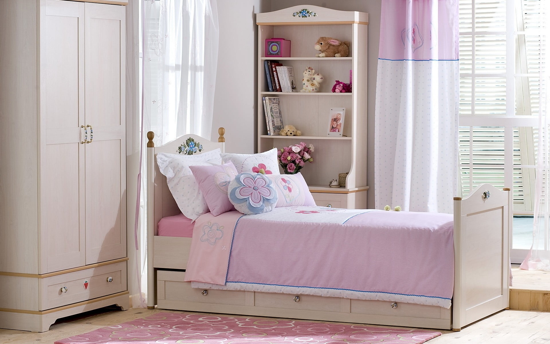 white wooden bed frame, wardrobe with shelf and bed pillows