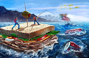 two men fishing with Coca-Cola bottle wallpaper, Coca-Cola, food, artwork