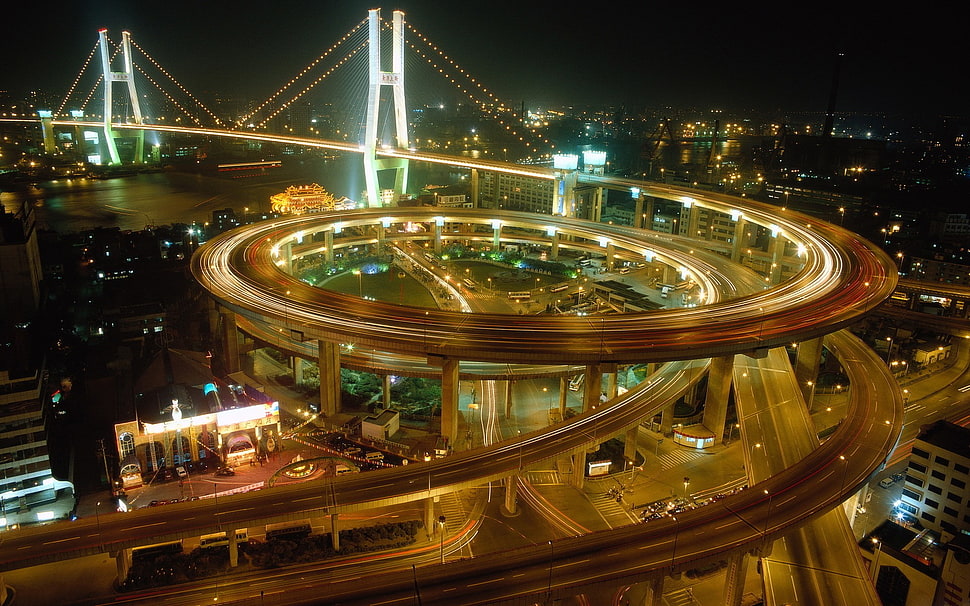 brown and green train table, highway, long exposure, interchange, bridge HD wallpaper