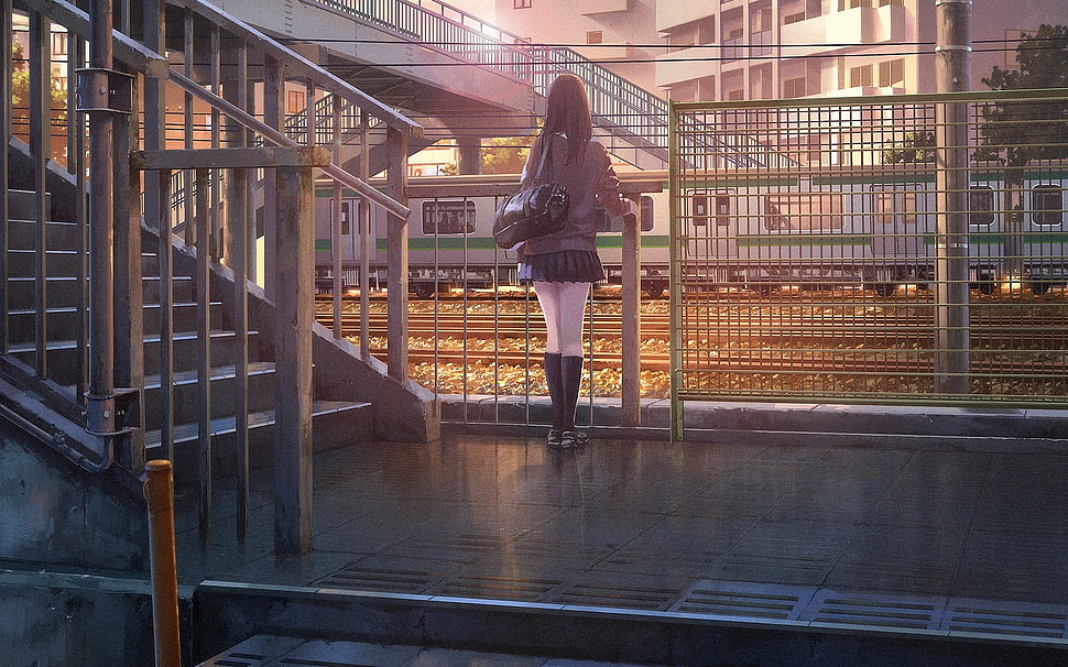 woman wearing black skirt near the balustrade digital wallpaper HD wallpaper