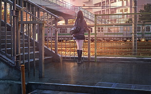 woman wearing black skirt near the balustrade digital wallpaper