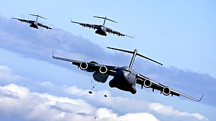 three gray aircrafts illustration screenshot, military aircraft, airplane, jets, sky