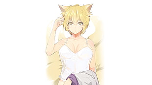 blonde haired female anime character with cat ears wearing white camisole