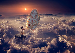 girl and discus fish on the clouds digital wallpaper
