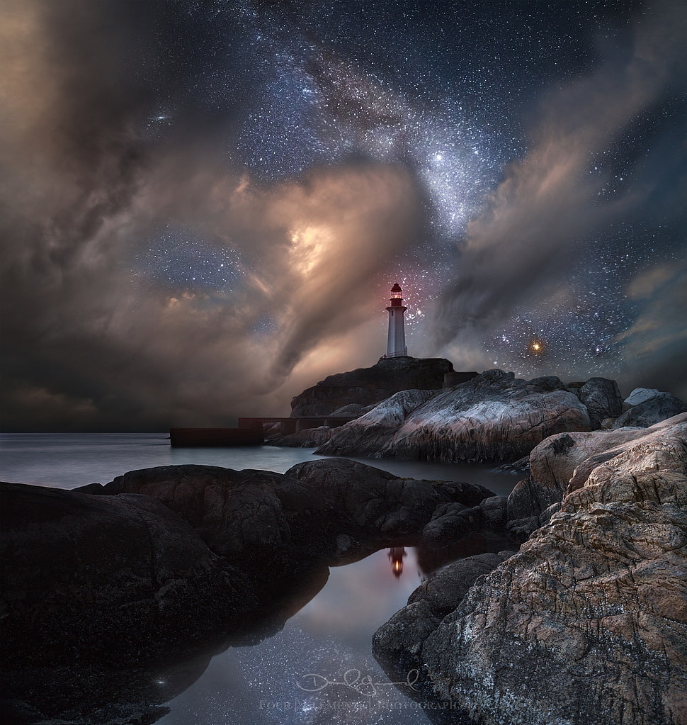 white and red lighthouse, landscape HD wallpaper