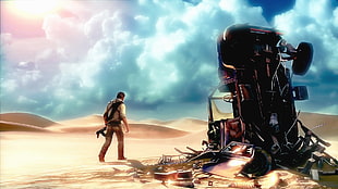 anime movie scene with man walking at the desert beside the crashed car