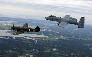 two gray-and-green jet planes, military aircraft, airplane, jets, Curtiss P-40 Warhawk
