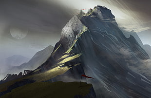 multicolored mountain with castle wallpaper, fantasy art, mountain pass
