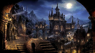 black castle painting, fantasy art, night, fan art HD wallpaper