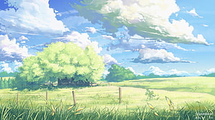 grass field under white cloudy sky illustration, fantasy art, field, clouds