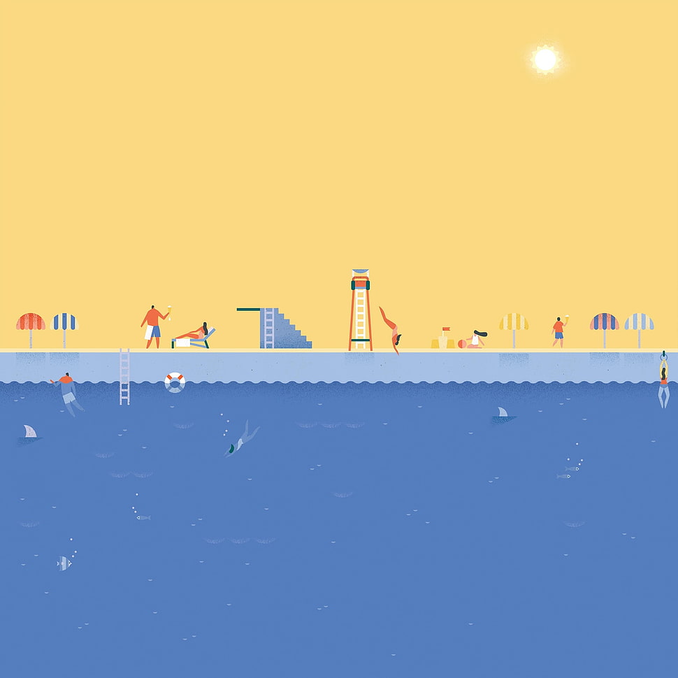 people on swimming pool illustration HD wallpaper