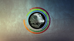 round black, green, blue, and red logo, abstract, digital art, circle, Death Star HD wallpaper