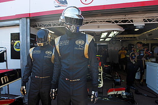 two black-and-brown racer overalls, Daft Punk, Lotus Renault F1, Formula 1, celebrity