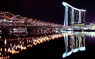 Helix Bridge at night time, lights, Marina Bay, Singapore, reflection HD wallpaper