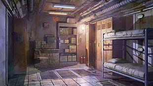 bunker room digital wallpaper, Everlasting Summer, bed, tiles, vents HD wallpaper