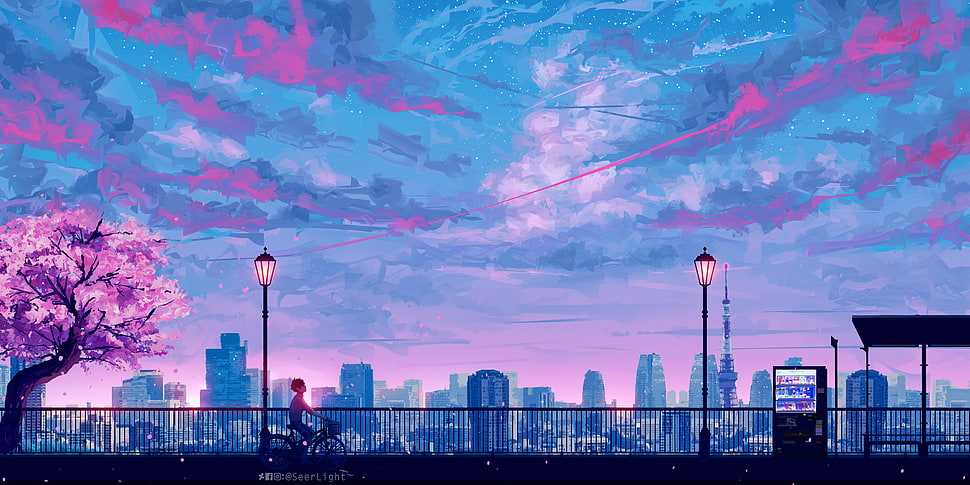 blue and pink sky painting, illustration, city, anime, painting HD wallpaper