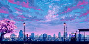 blue and pink sky painting, illustration, city, anime, painting